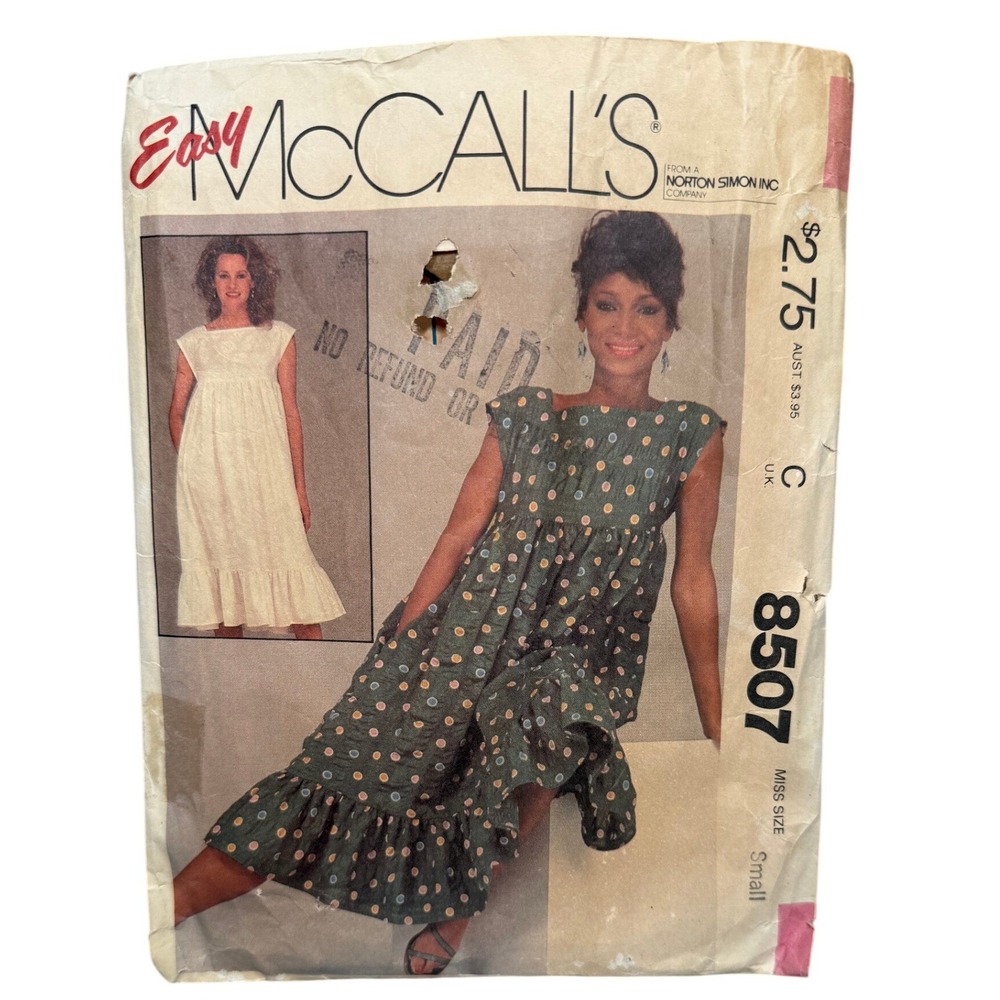 Vintage McCall's 8507 Easy Dress Sewing Pattern Misses Small Cut 80's‎ Tradwife